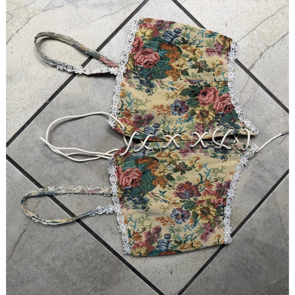 Floral Tapestry Lace Up Corset Top Vintage Style Bustier Lace Trim Cottagecore